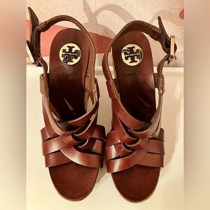 TORY BURCH Brown Leather Cork Wedge Strappy Platform Sandals!!!!